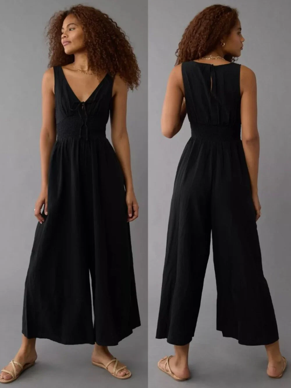 American Eagle Black Cotton Linen Smocked Wide Leg Jumpsuit - Picture 1 of 9